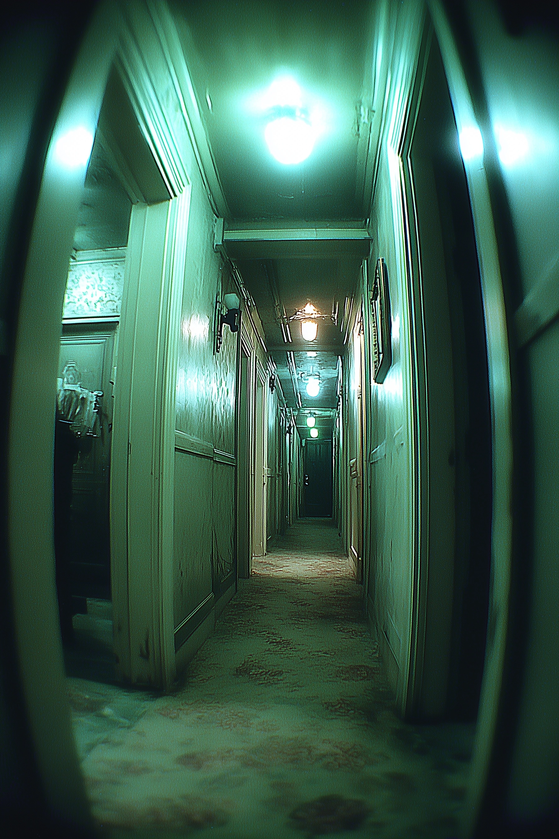 An extreme fisheye photograph of a completely deserted, dimly lit hallway in an old building
