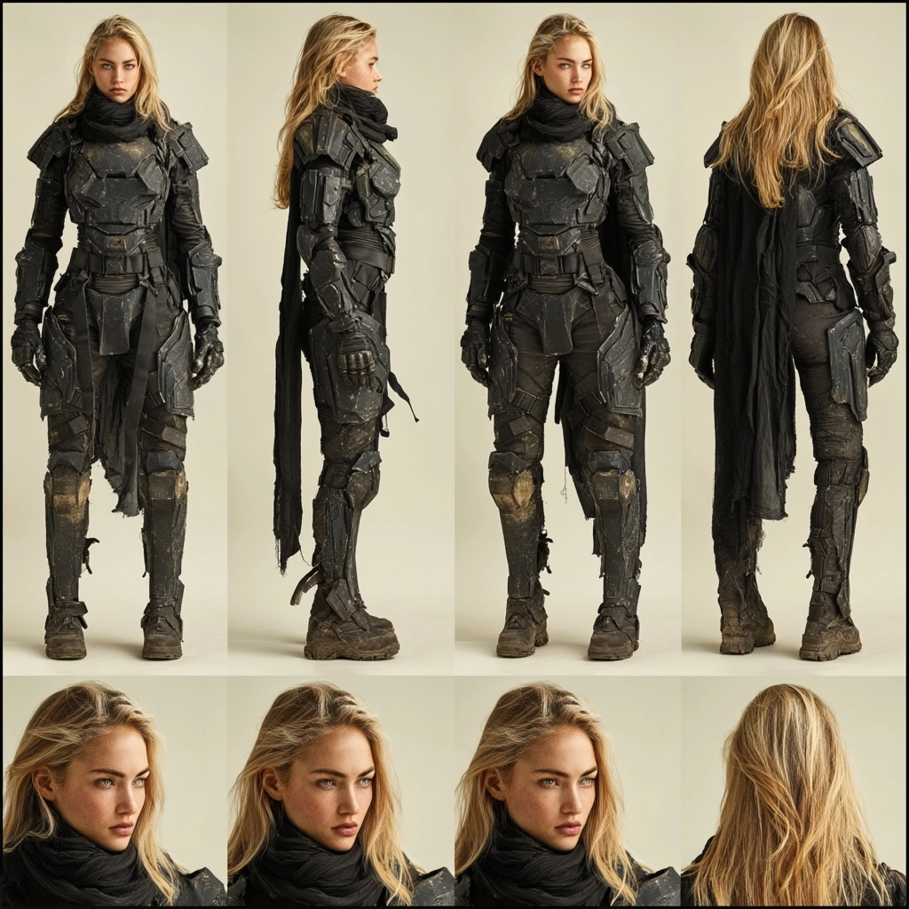 Battle-hardened 21-year-old woman, athletic powerful build, long blonde hair ang light gray eyes