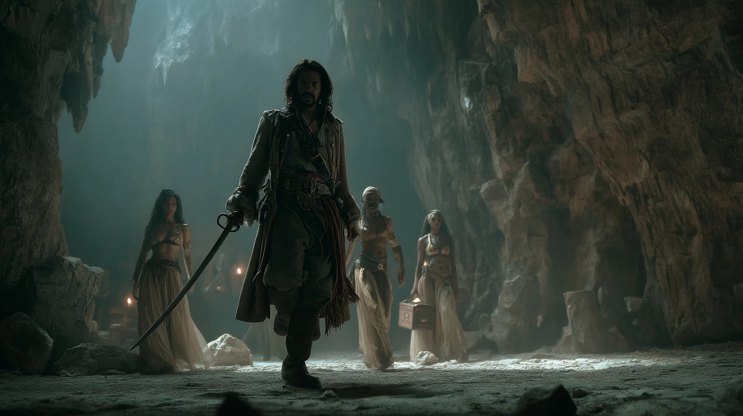 A battle-ready 25-year-old pirate advancing cautiously through a dimly lit cave