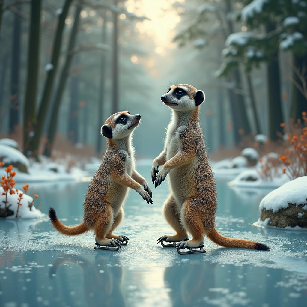 Meerkats Ice Skating on a Crystalline Fairy Pond