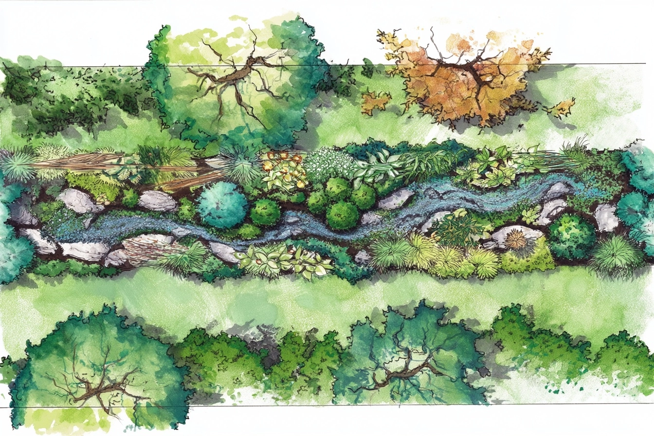 Long organic natural garden design plan layout, 2d