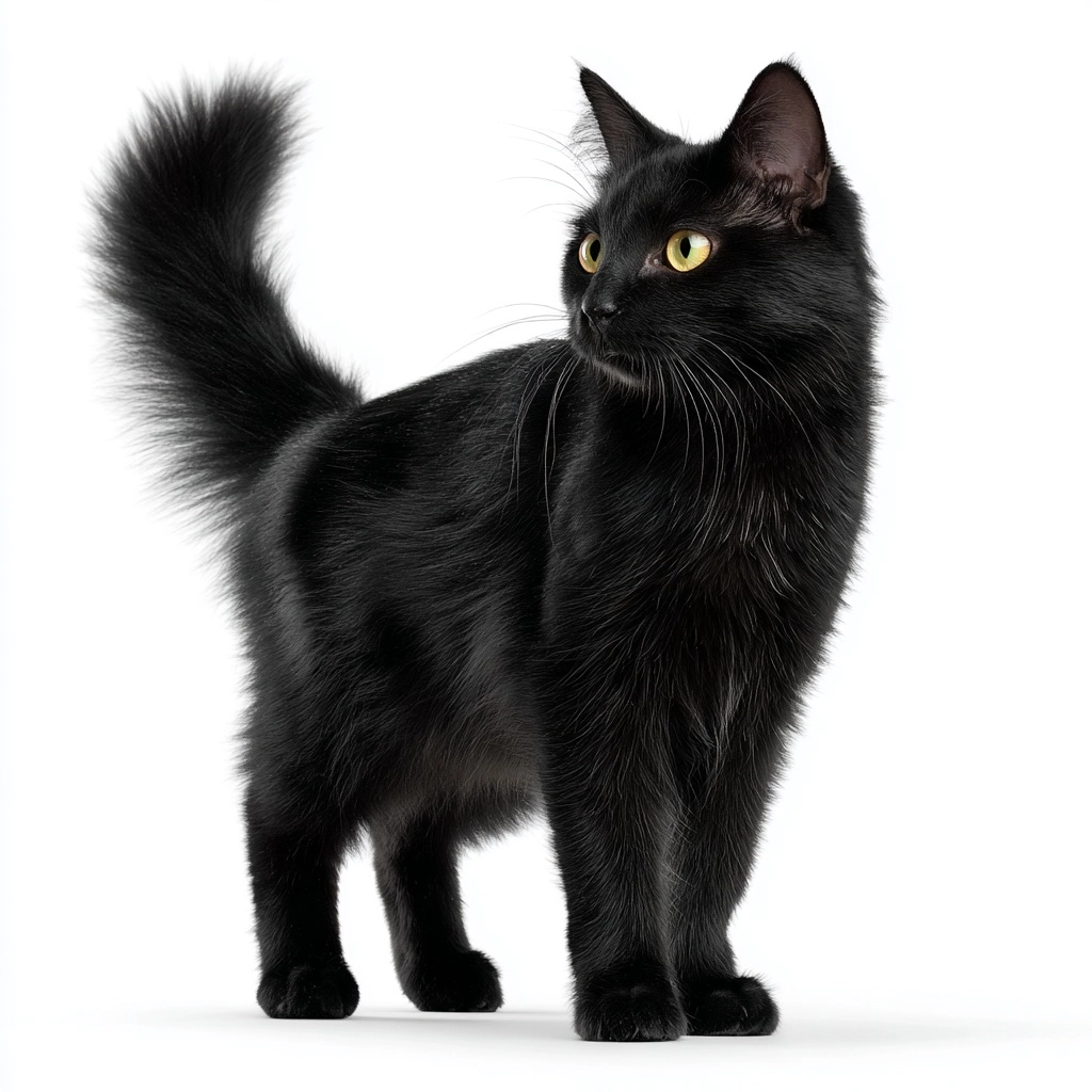 Side shot of black cat, full body, white background, photo
