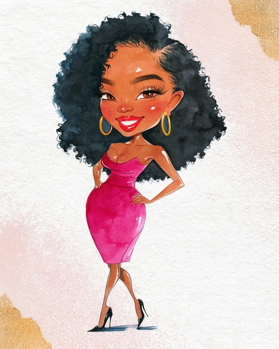 Beautiful watercolor chibi-inspired African-American woman, full-figured