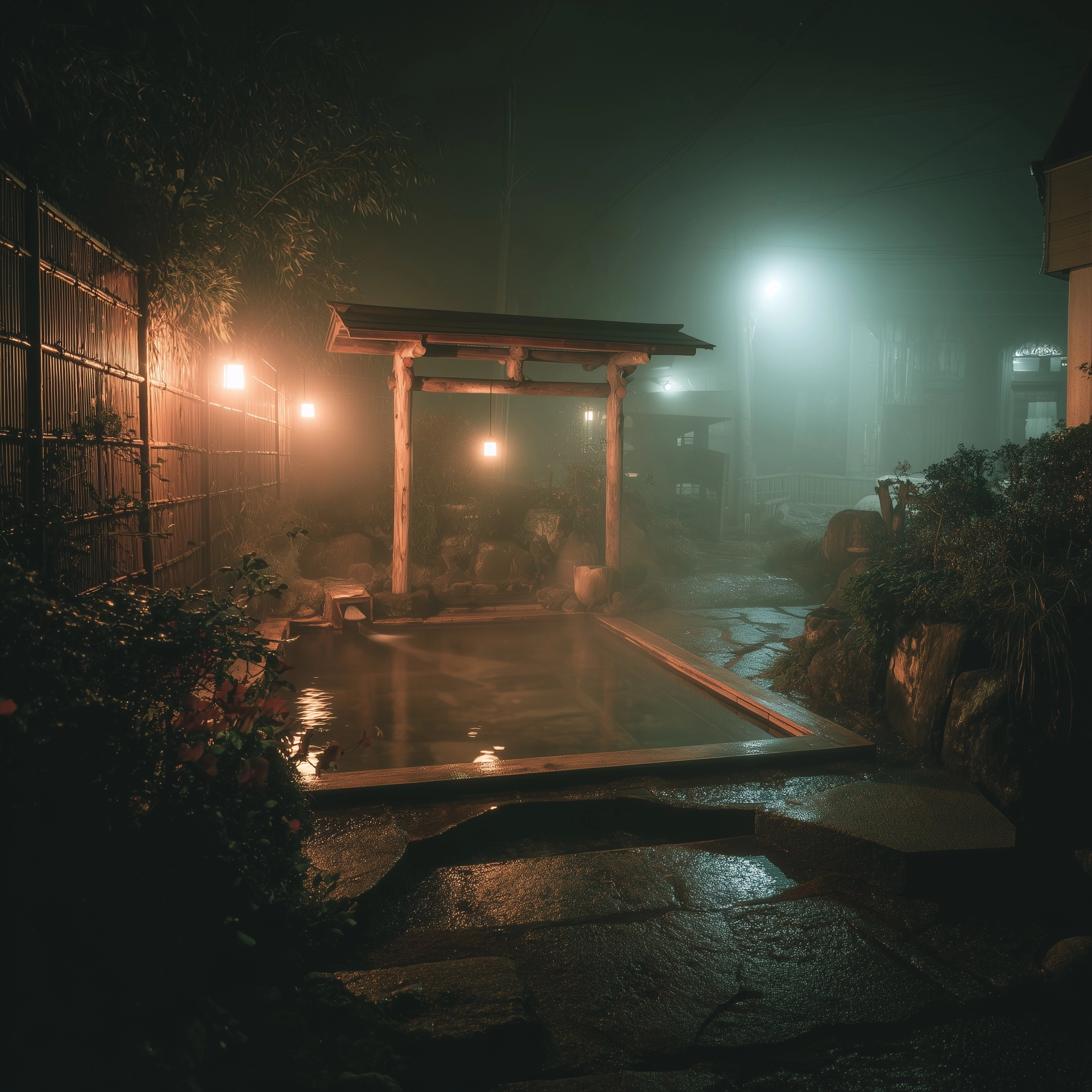 Onsen en extérieure à Hakone au Japon la nuit