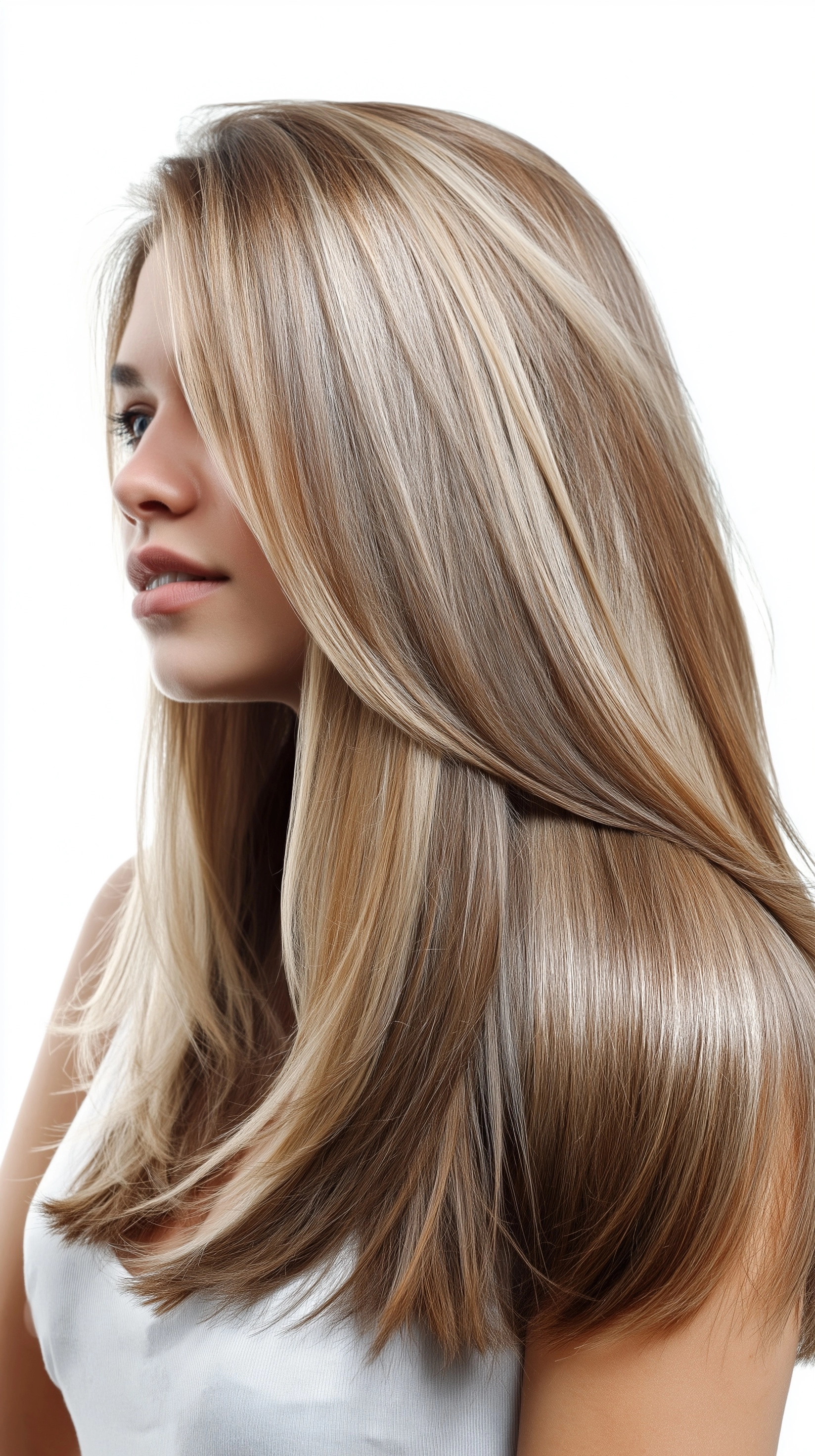 Mujer con corte largo en capas, técnica contouring hair, tonos rubios y cenizos