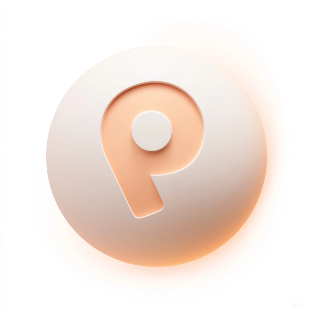 An iOS app launcher icon, a soft matte 3D sphere with an engraved lowercase letter "p". The sphere i