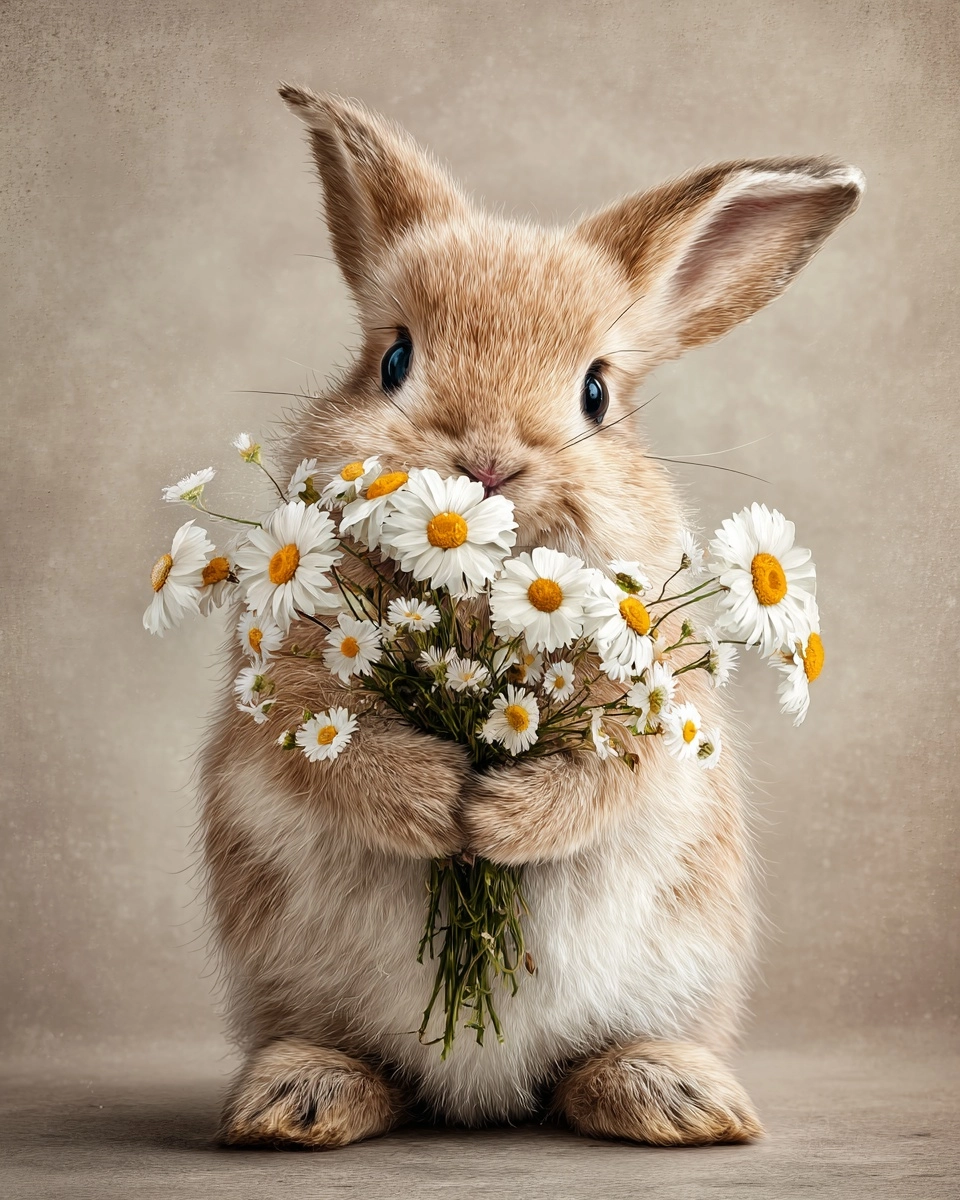 A cute bunny holds a bouquet of daisies in its paws