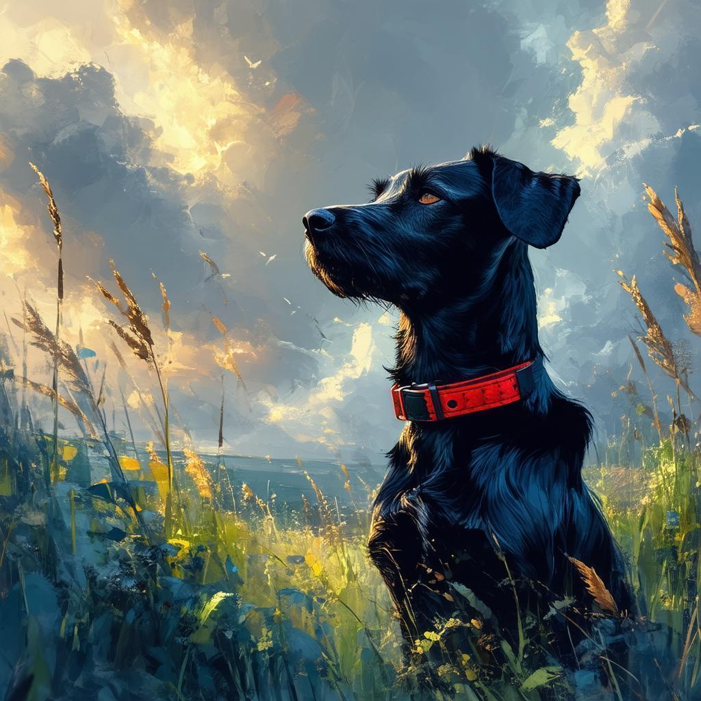 Black Dog With Red Collar Watching Storm Skies