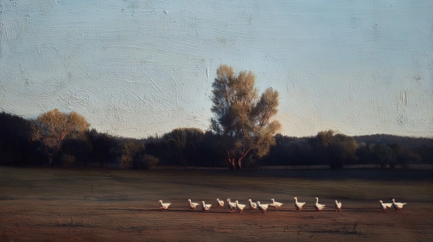 Small flock of birds on ground, quiet field, soft light, Barbizon natural mood
