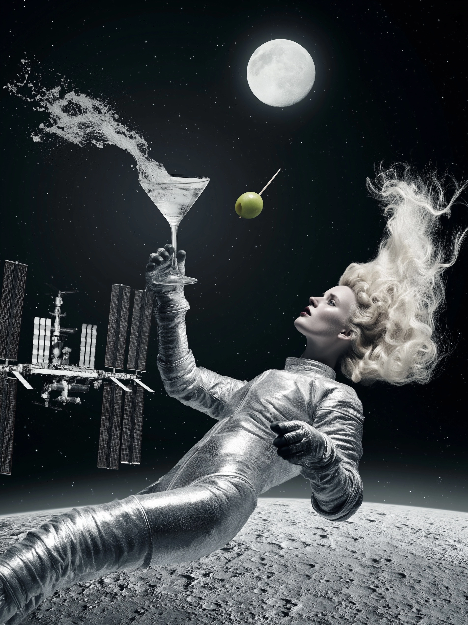 A vogue magazine cover in space, a beautiful platinum blonde model floats weightless in space near t