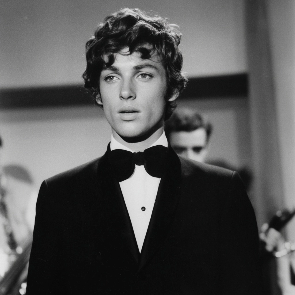 A french singer in the sixties, tigh black suit, yeye hair, dandy