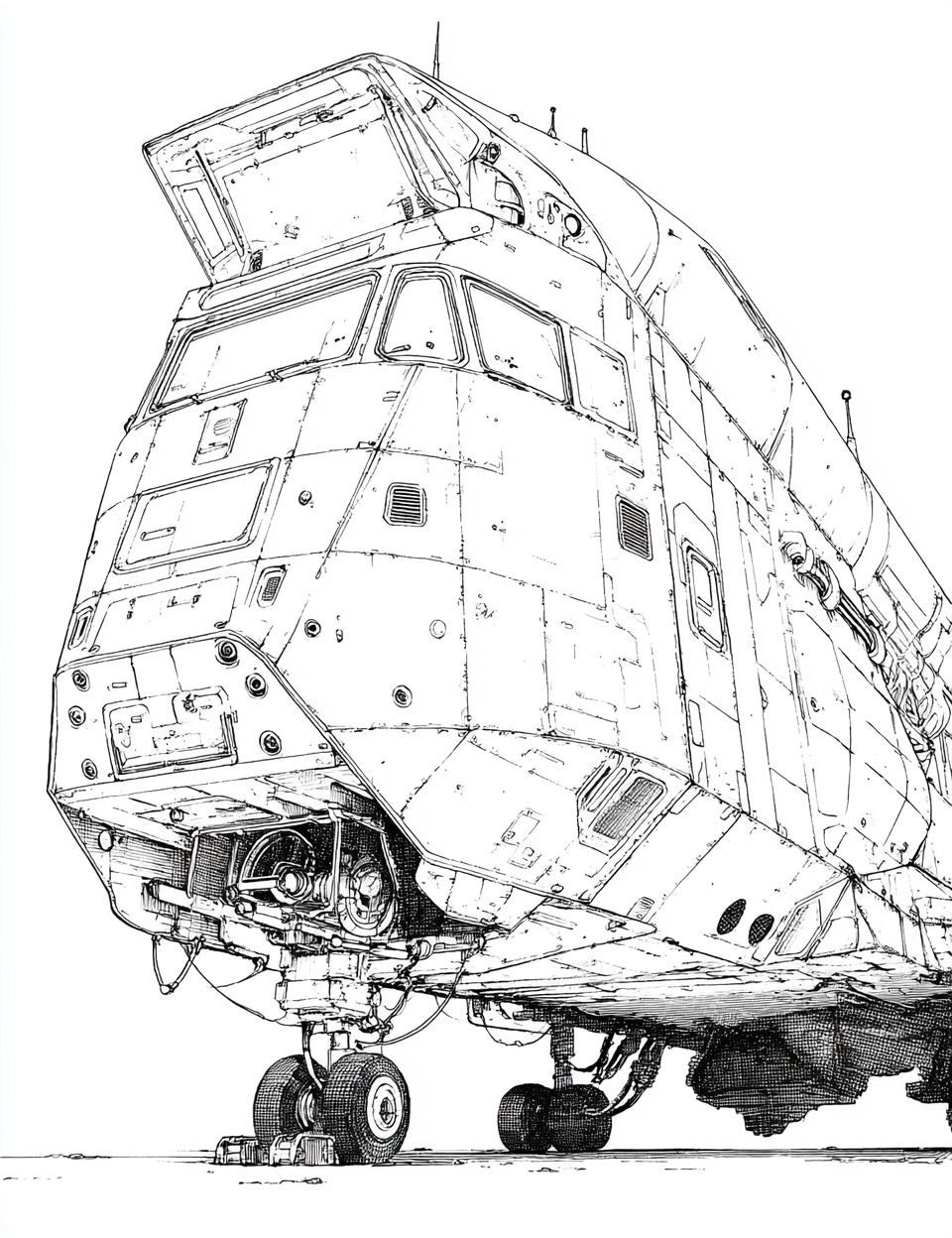 Coloring page line art, battered frontier shuttle spacecraft, utilitarian transport, worn paint