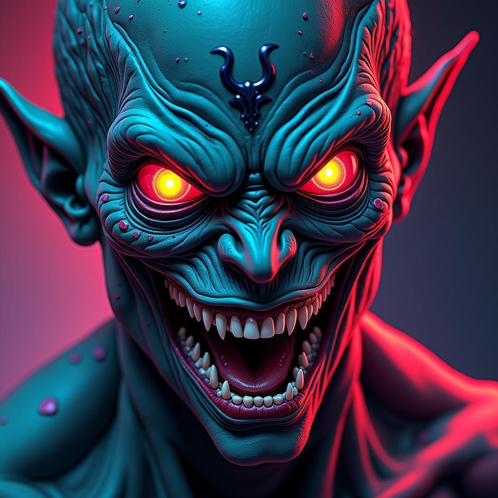 Demonic Alien Face With Neon Manga Tattoos