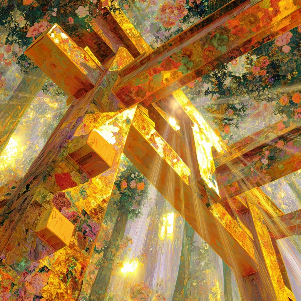 Shinto torii, flowers, sun rays, sun beams, in the style of multi-layered color fields, golden