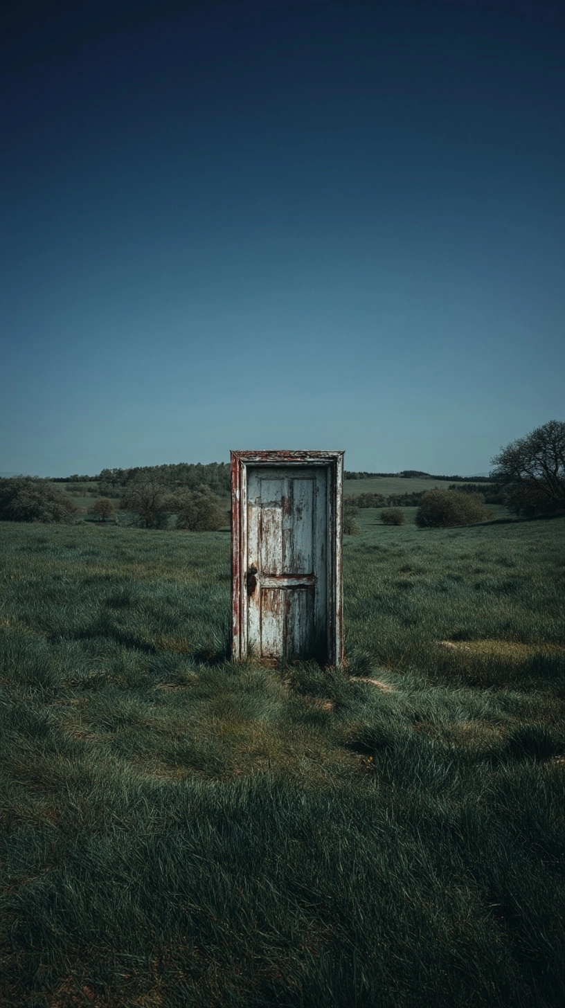 Close Photograph of a single door standing in a sunny green meadow, mystical