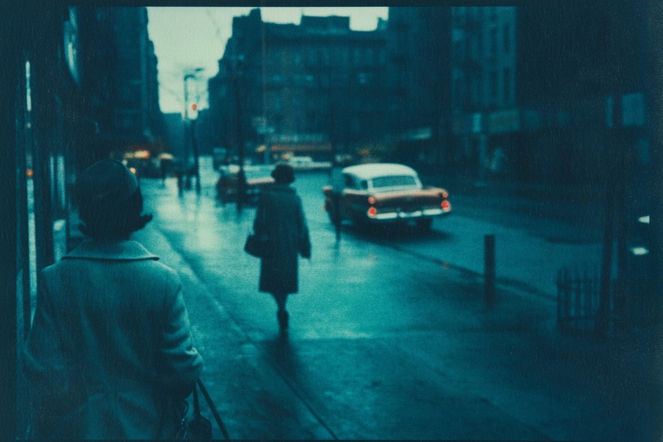 Photograph by Saul Leiter, medium format, grain, 120mm film, East village, st Marks place, cyanotype
