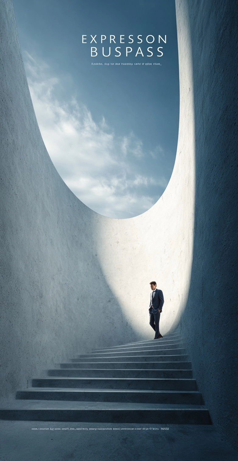 A poster for "expression of business space," featuring an architectural scene with curved staircases