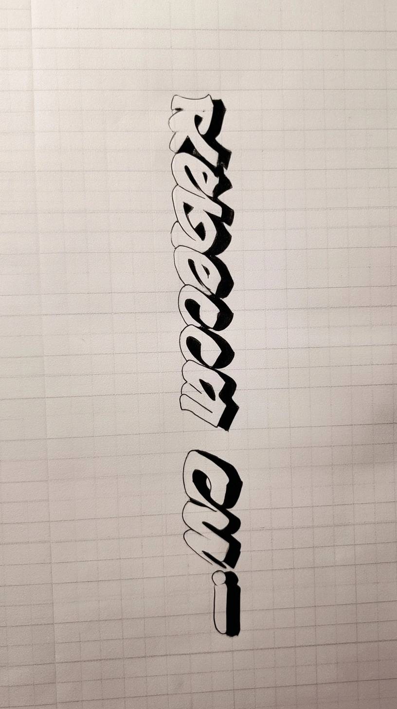 " Rebecca Cui " written vertically in a super cool font