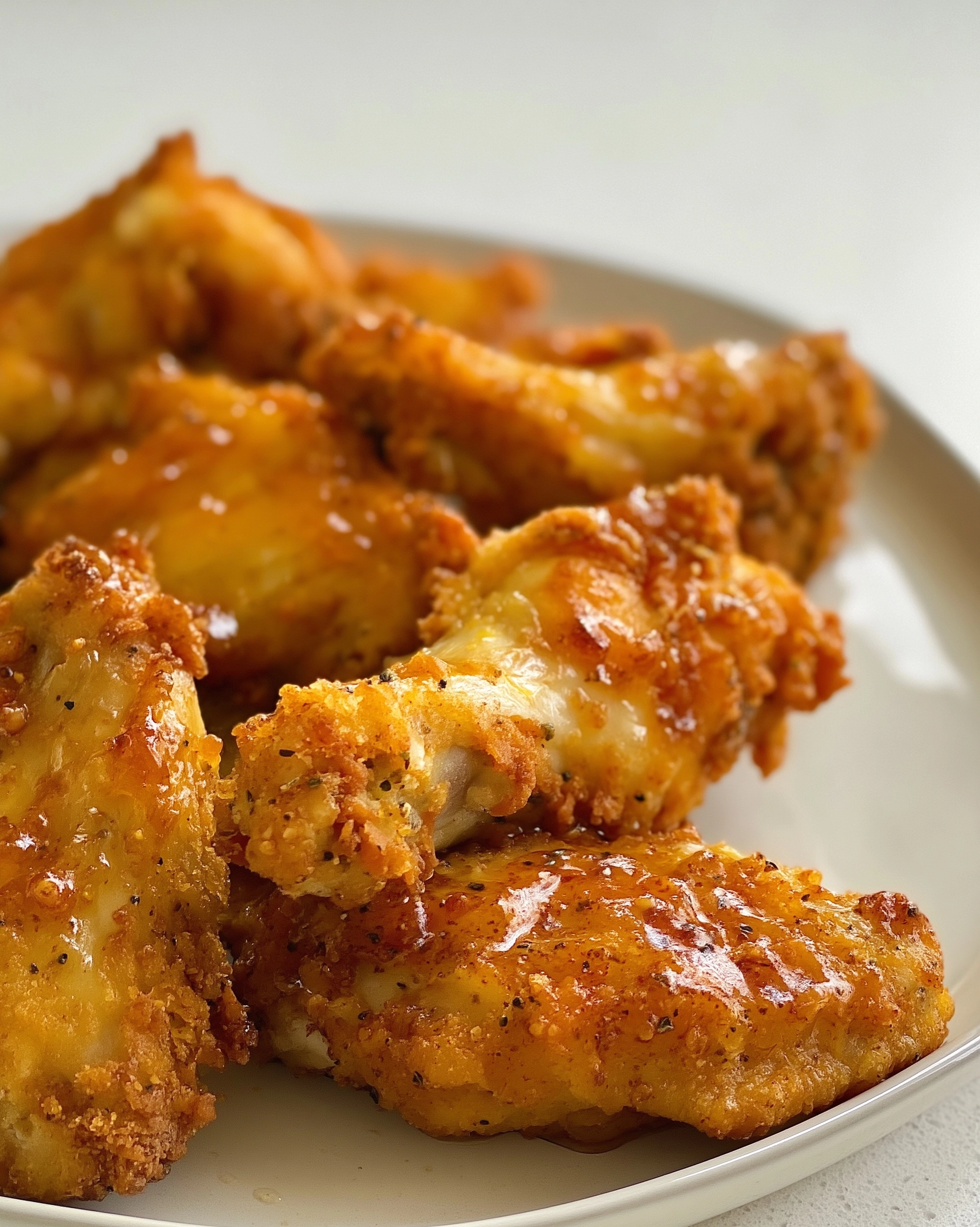 Resolution: 8K, shot with an iPhone 17 Pro Max of crispy golden chicken wings with a light crunchy c