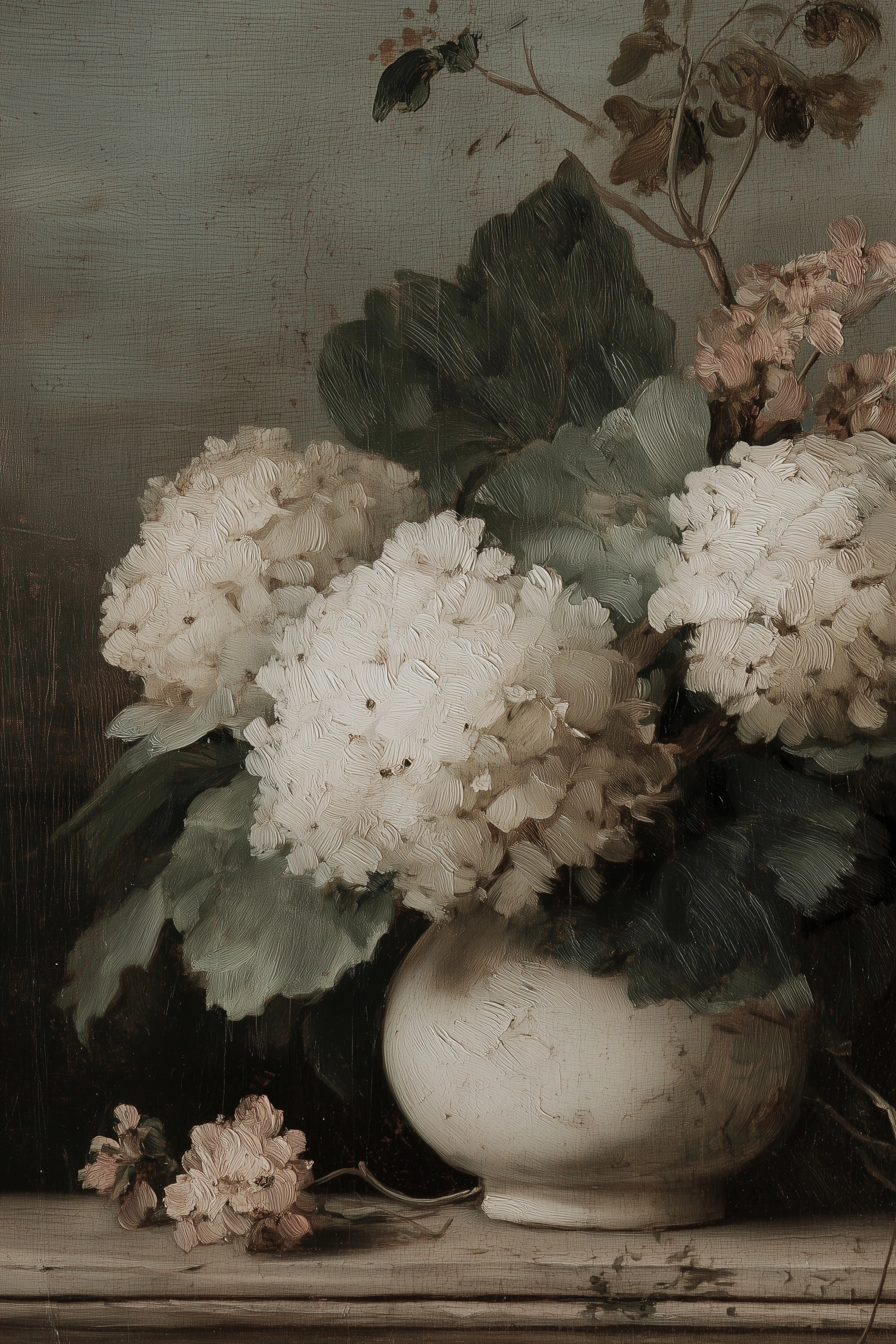 White hydrangeas in a white vase, soft gray background, oil painting, neutral tones
