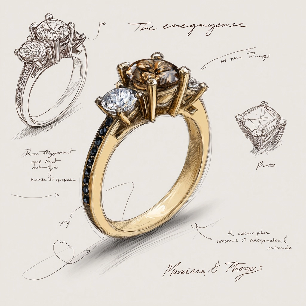 Design concept for "The engagement Ring". A modern and elegant engagement ring featuring four brown