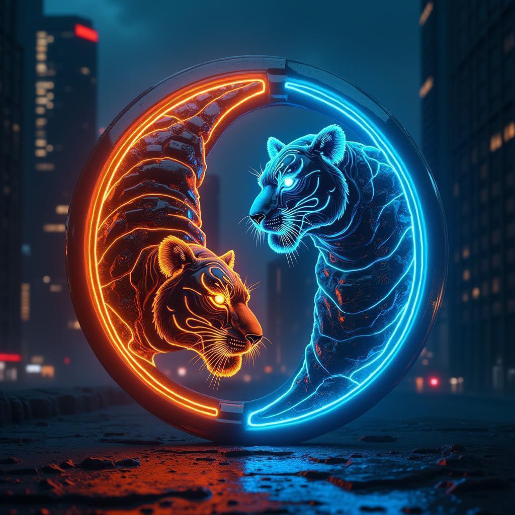 Cybernetic Tiger Yin Yang Glowing Neon Emblem