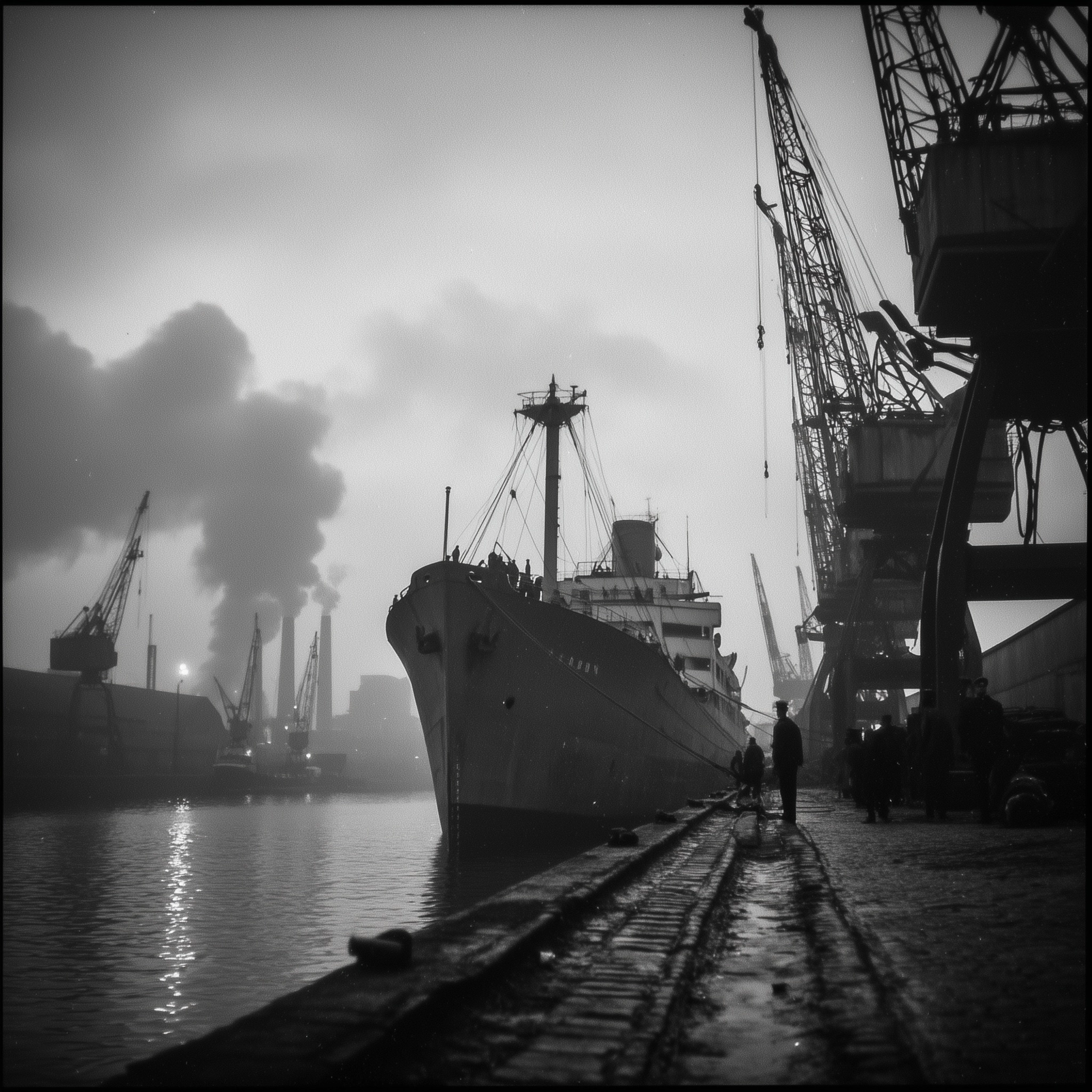 1960's London Victoria dock. You can see the cranes. A ship is in dock. Men are unloading it. in the