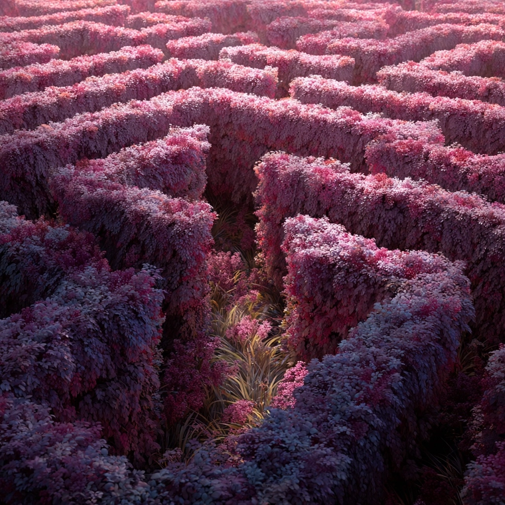 A hedge maze of lush pink hedges, interior view high def