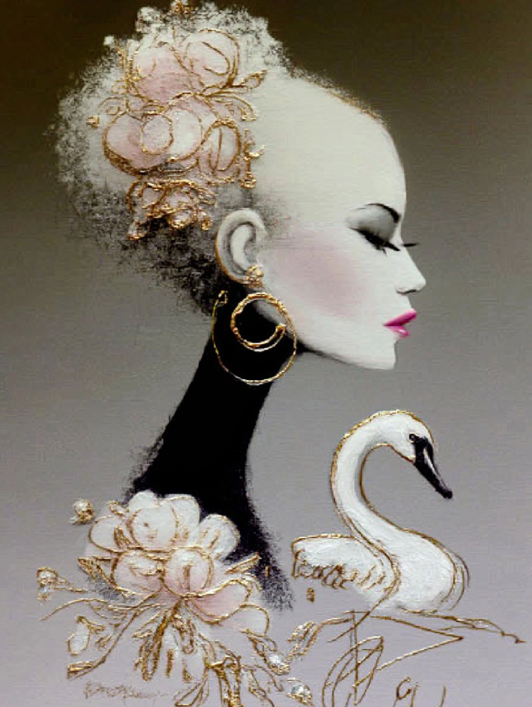 Profile view of a lady with long neck, with a swan