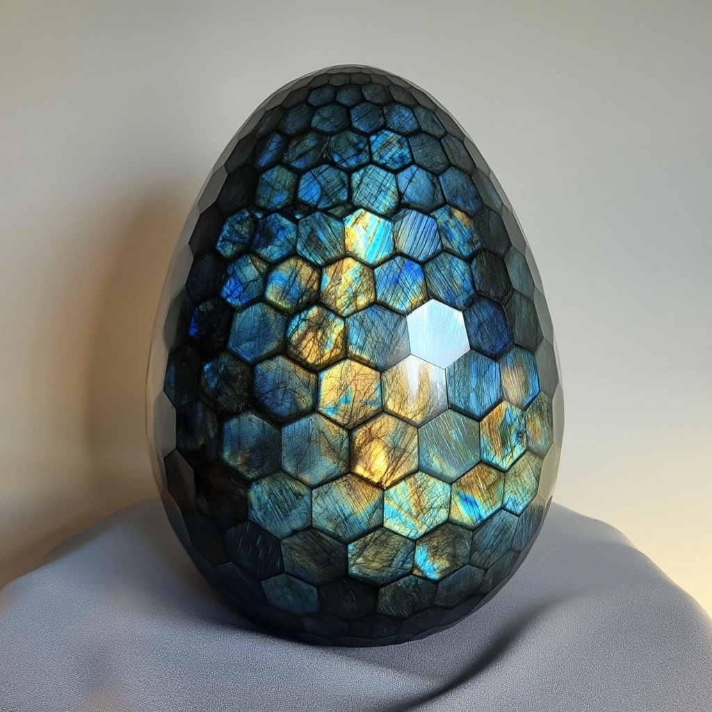 An giant egg made of hexagonal labradorite.