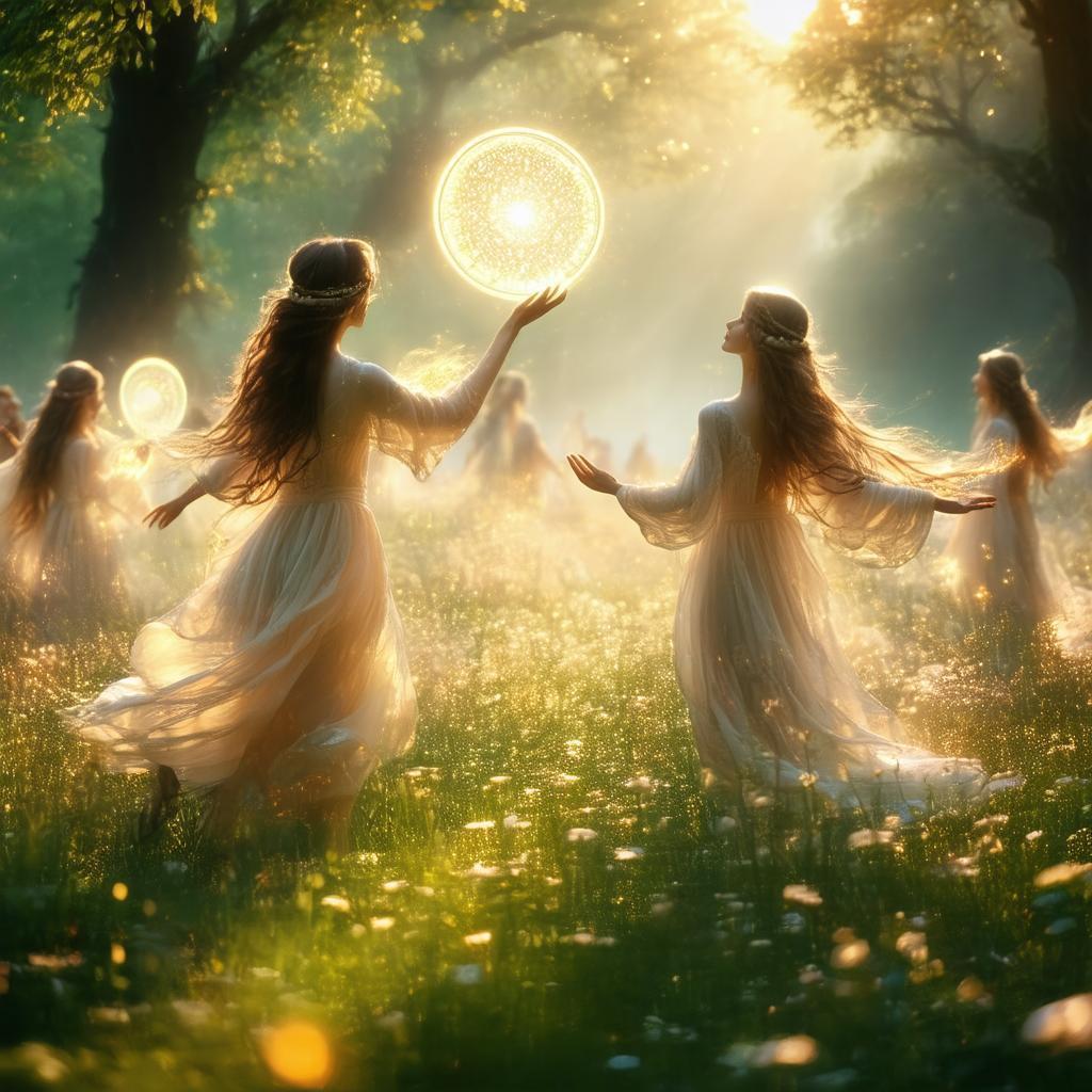 Ethereal Beings Tossing a Glowing Meadow Disc