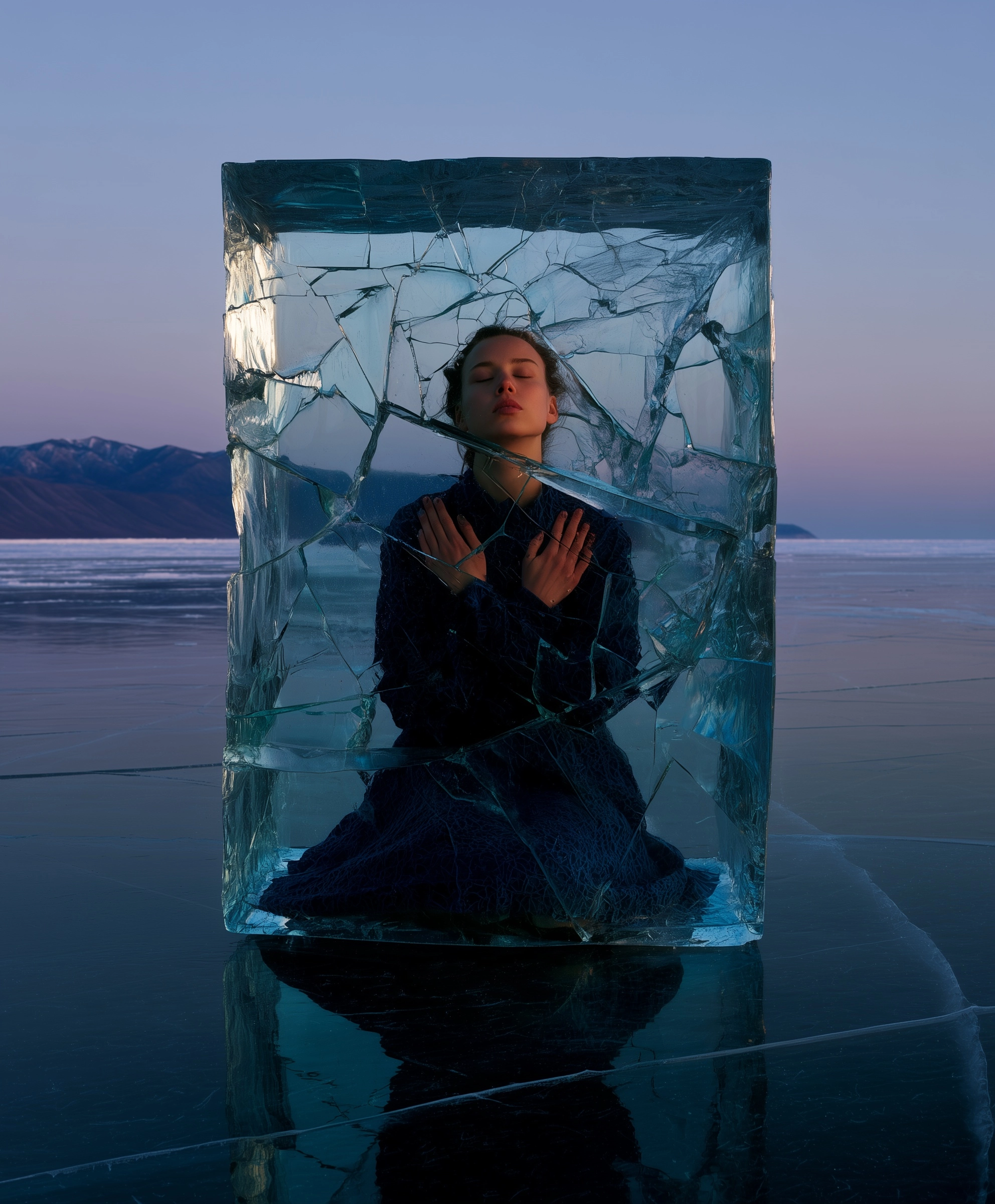 Woman encased inside a large rectangular block of crystal-clear Baikal ice characteristic crystal tr