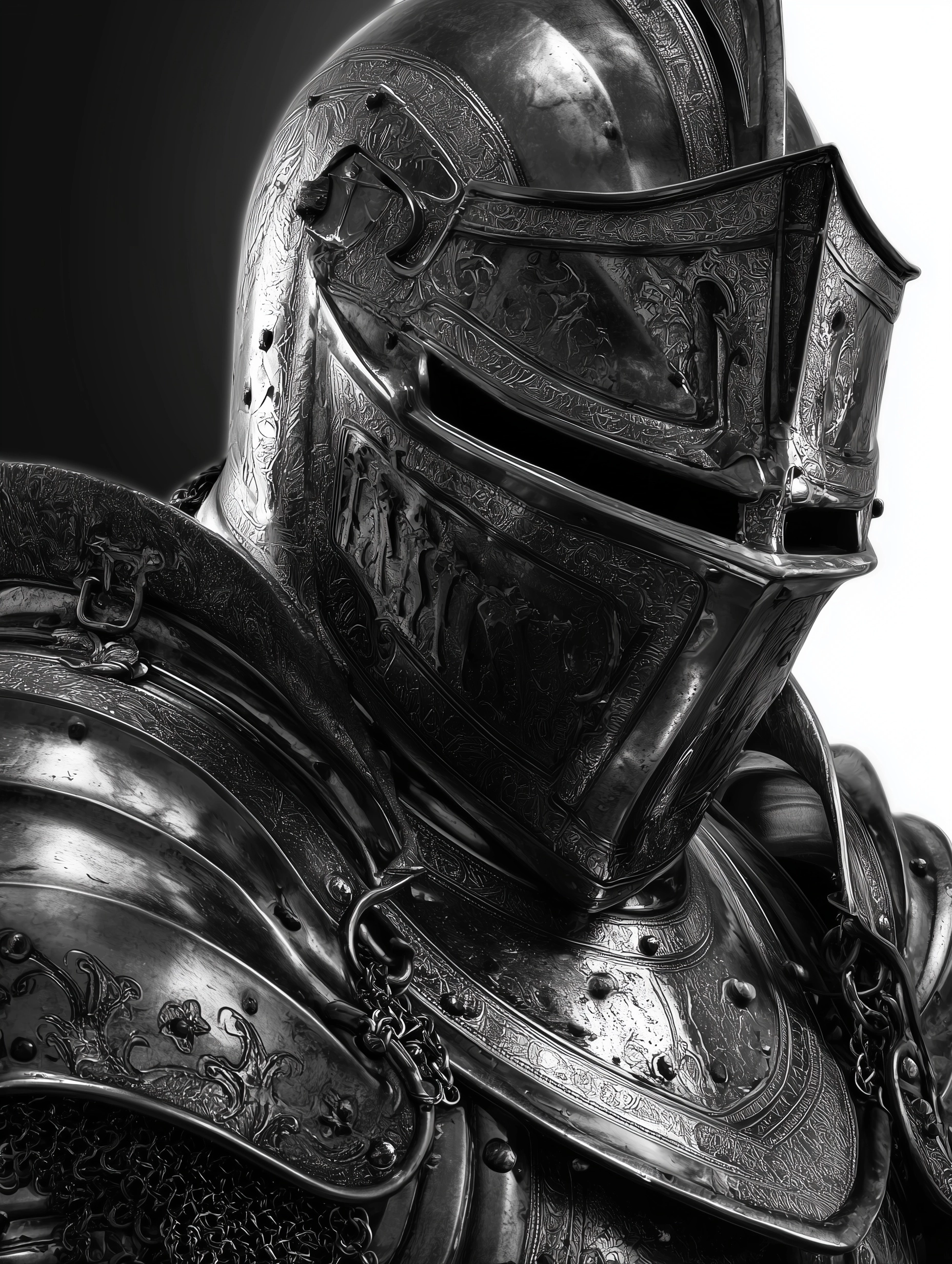 A knight in black and white, wearing full plate armor with a helmet, photorealistic