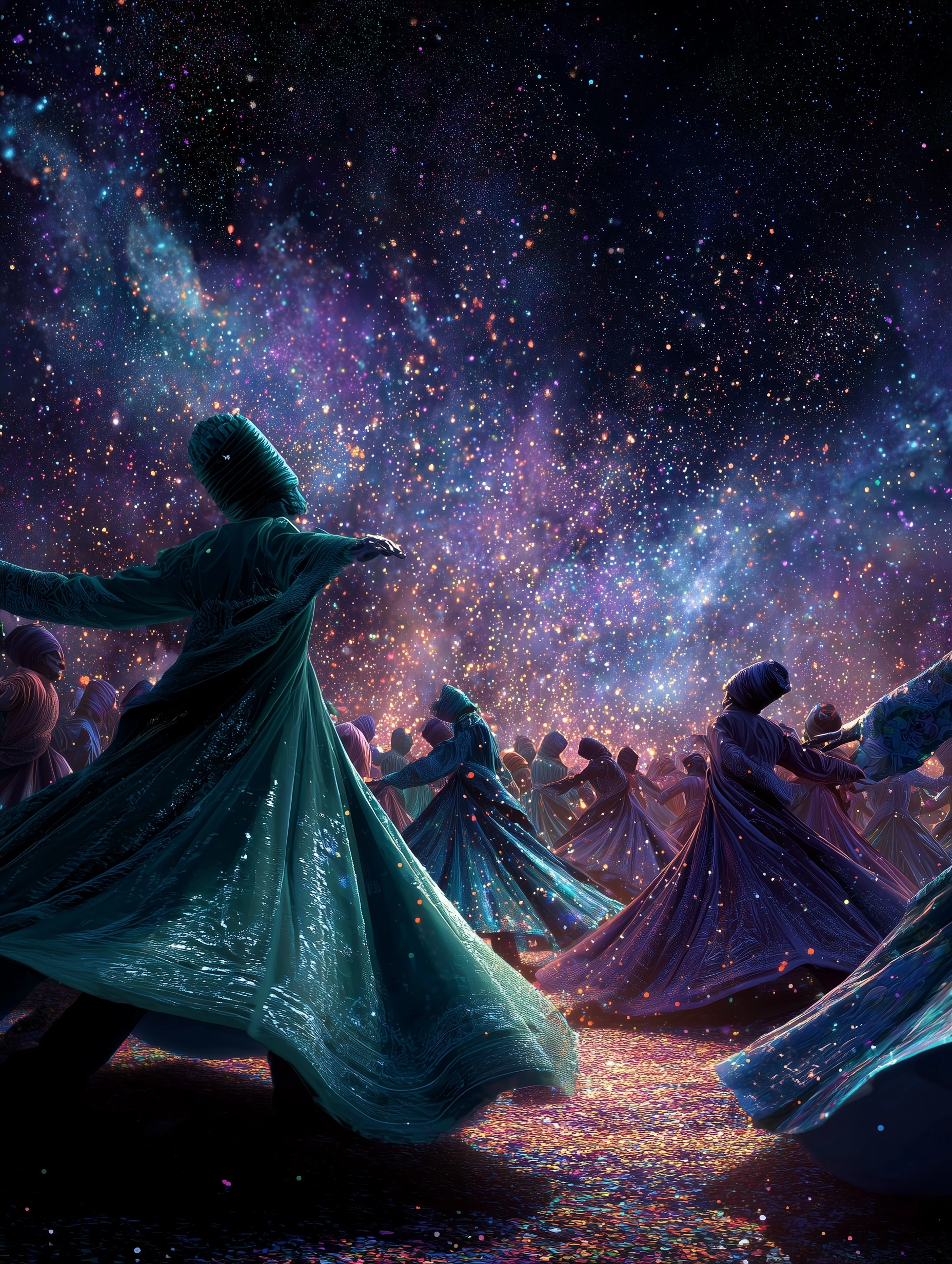 Vibrant Sufi mystic dance scene, multiple semazens spinning in circle under star-filled night sky