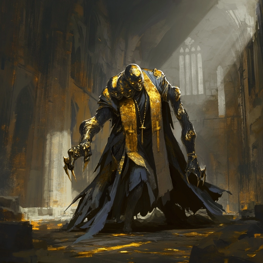 A pale, thin disfigured humanoid wearing tattered choral robes. her skin is wrinkled and covered in