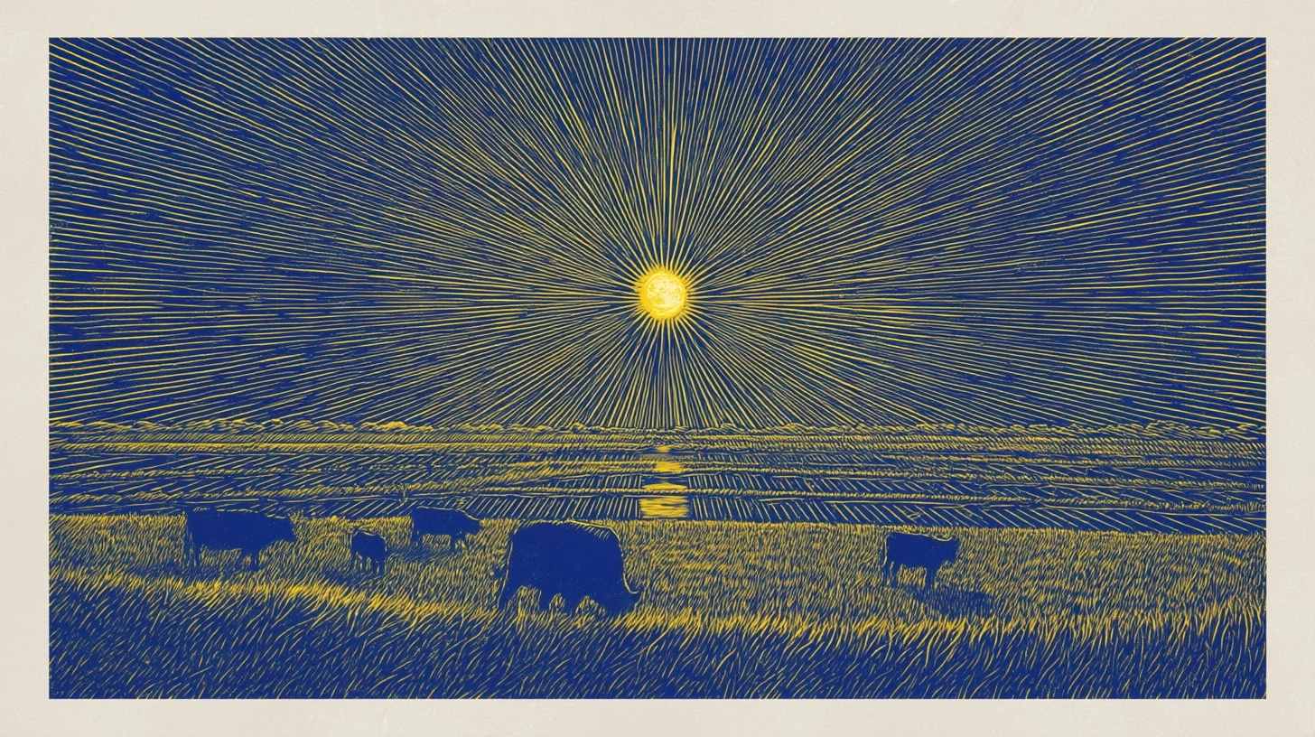 Woodblock print, retro woodblock style, deep blue hues background with yellow lines