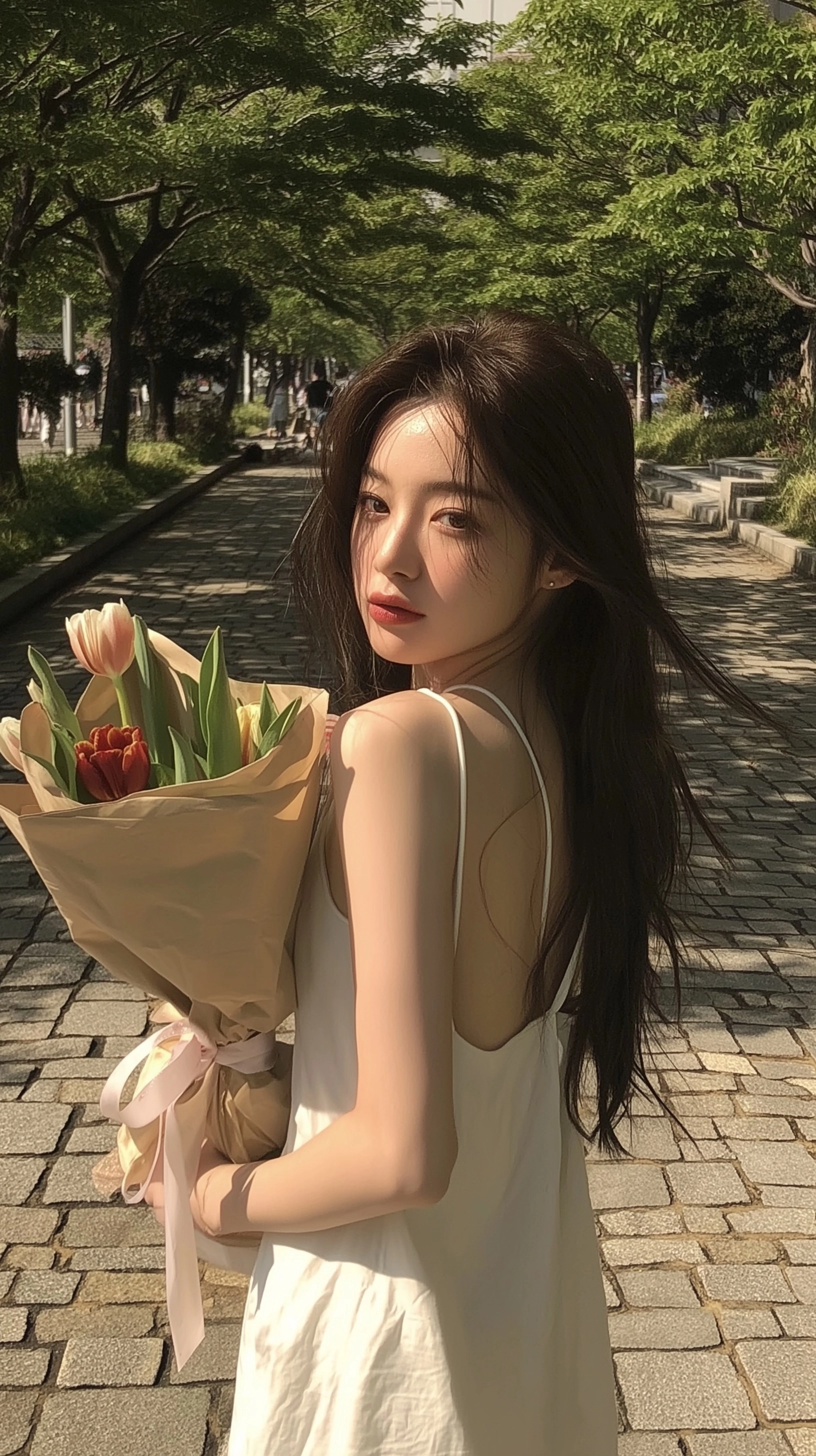 A bright natural outdoor photo of a young woman holding a bouquet of red and pink tulips wrapped in