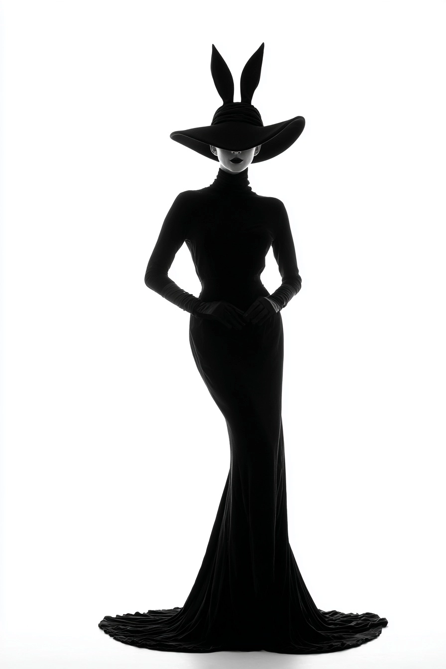 A full-body view of an elegant woman wearing black long gloves