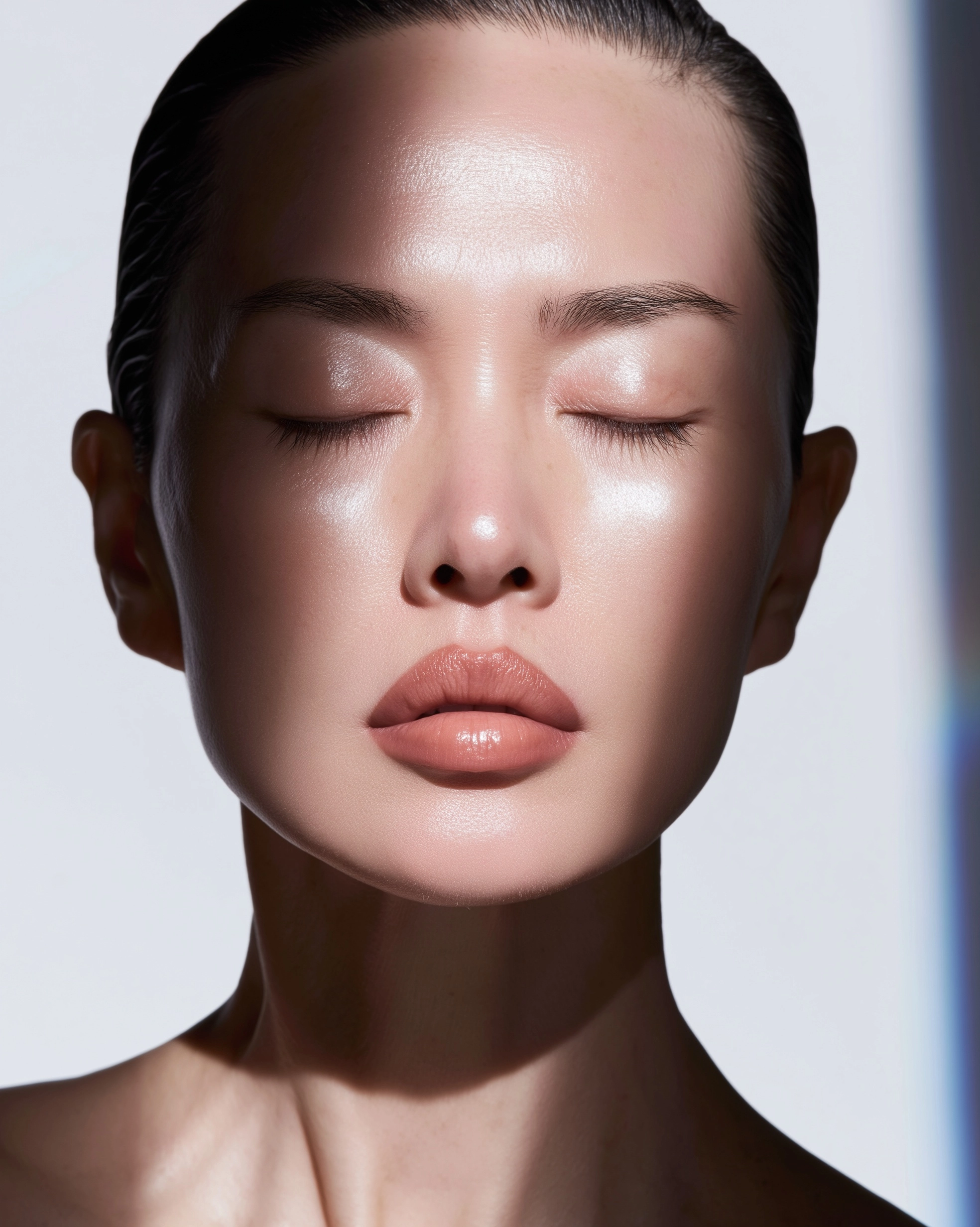 A hyper-realistic close-up portrait of an East Asian 45 years old female model with flawless porcela