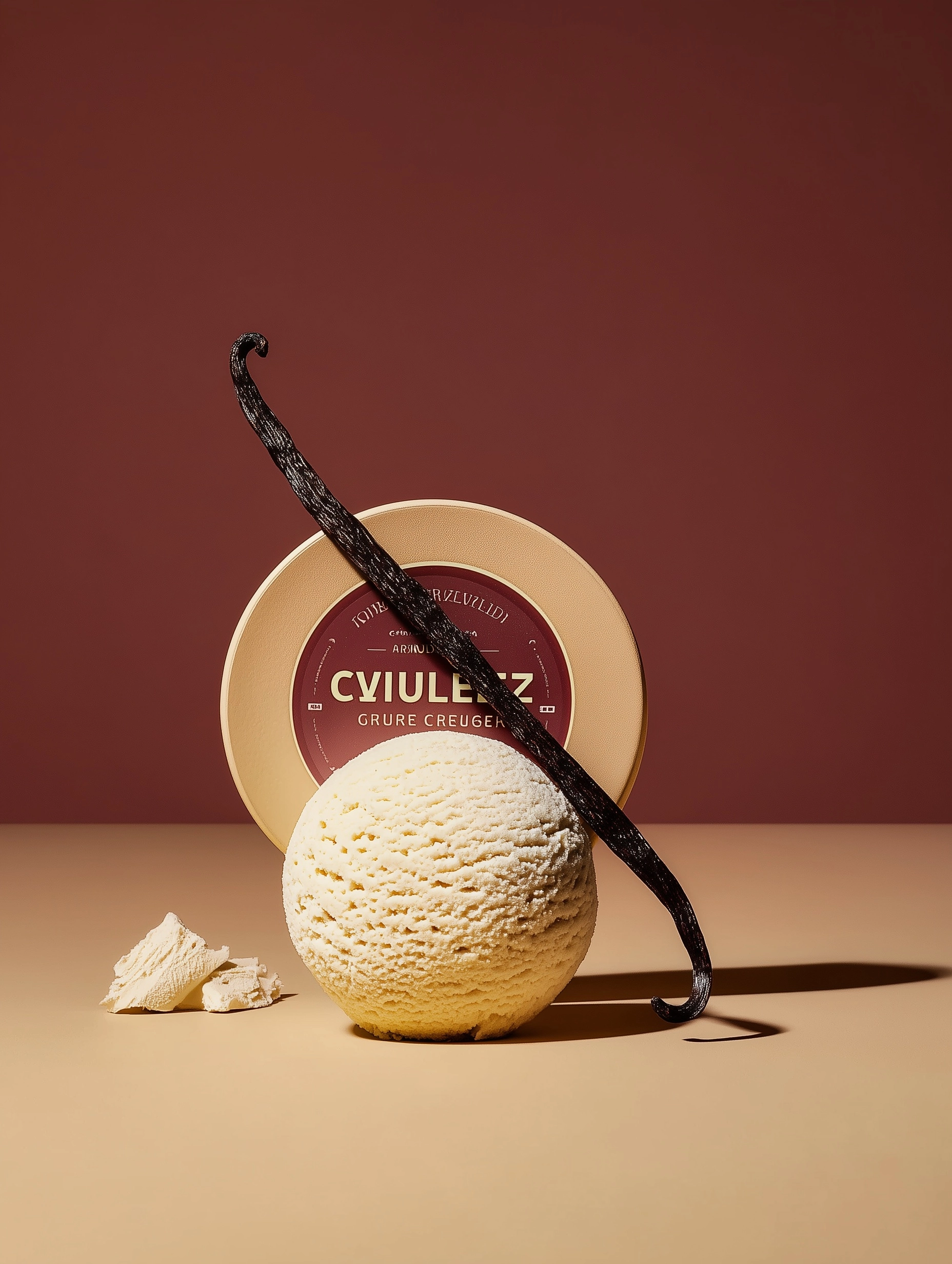 Minimalist food editorial, vanilla ice cream scoop on surface, vanilla bean resting on top