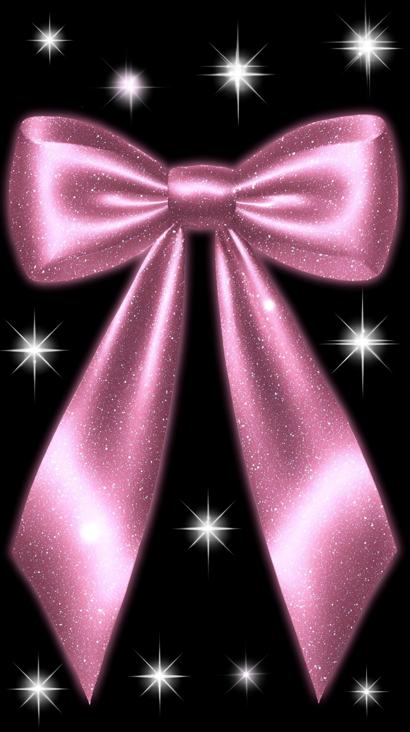 A pink bow with glitter, in a clipart style, on a black background, with stars in the sky
