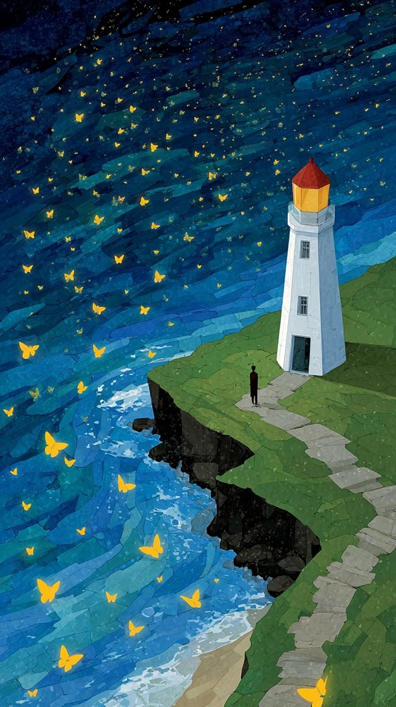 A slender white lighthouse on a tiny cliff, with swarms of neon butterflies forming an aurora boreal