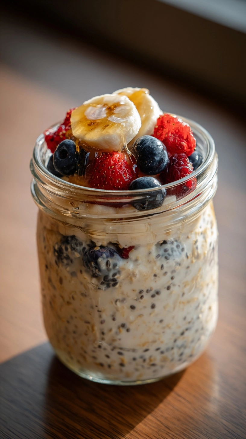 Photo taken by iPhone 16 pro featuring Glass jar of overnight oats with creamy texture