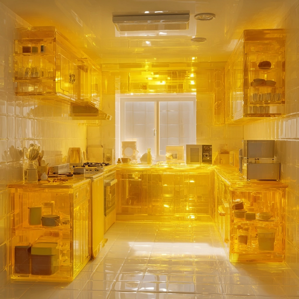 A very simple and small kitchen made with yellow jelly, with all its transparencies and 3d shapes