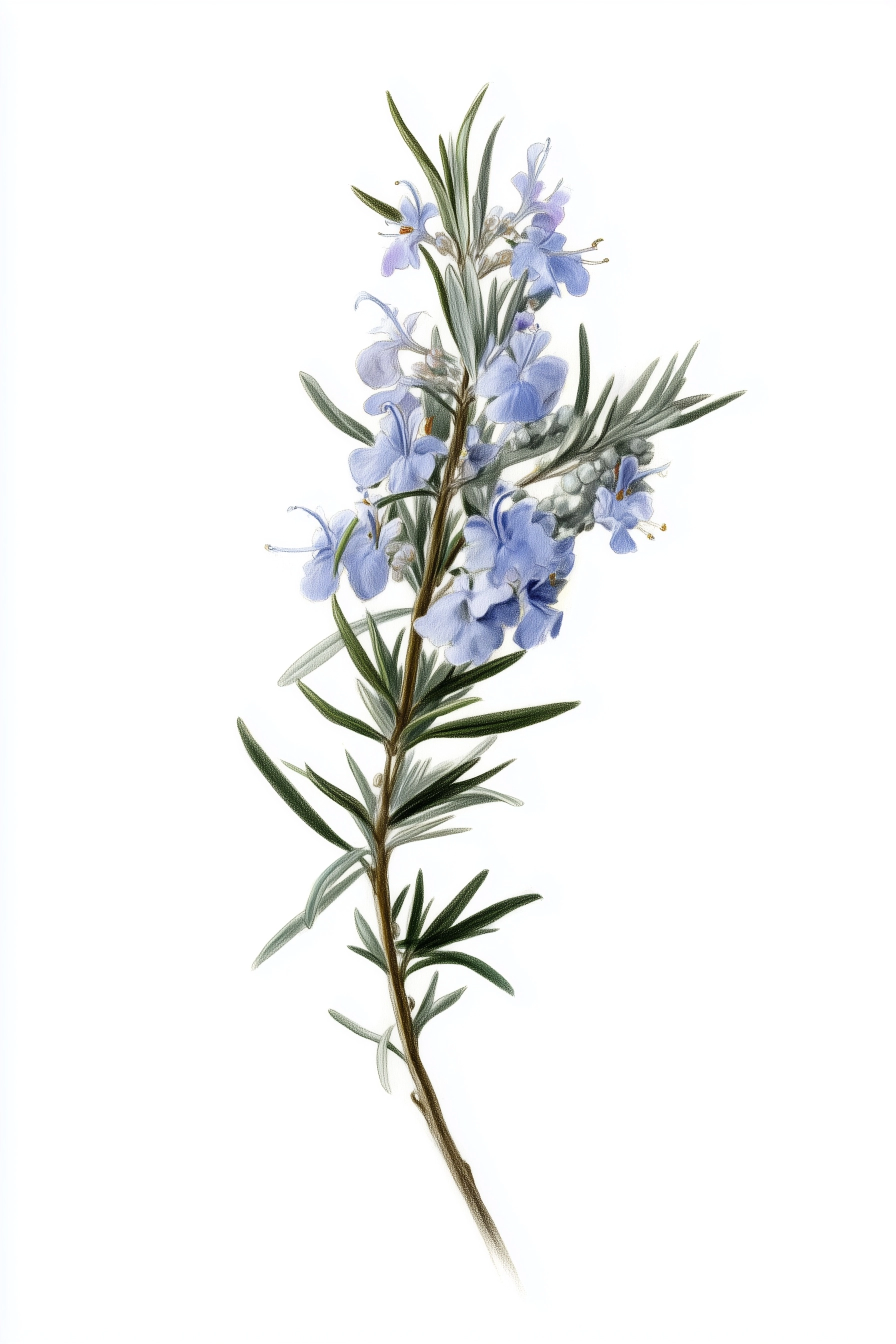 Botanical illustration of a single rosemary sprig, pencil drawing, fine graphite lines