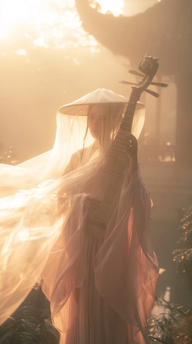 Cinematic epic portrait of a beautiful ancient Chinese noble lady, soft light pink flowing Hanfu