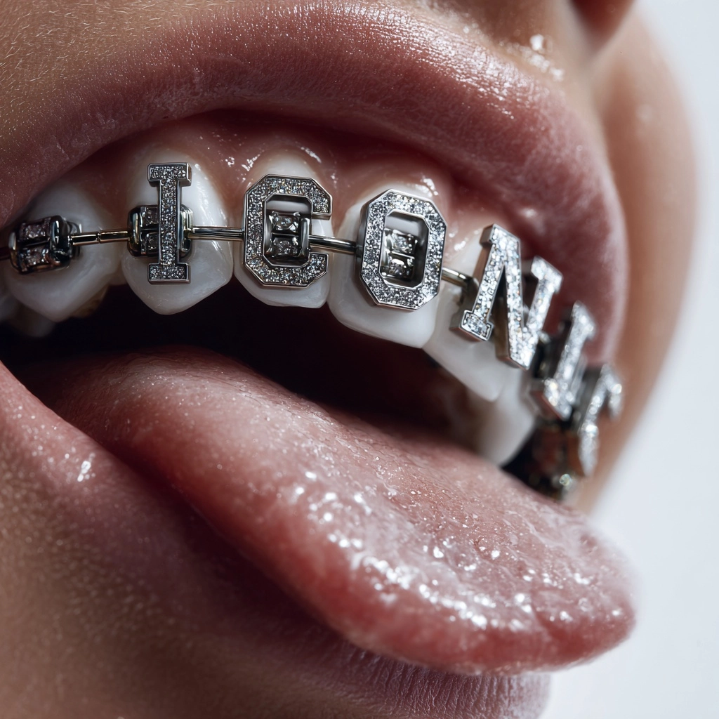 Extreme close-up of a smiling mouth with braces that spell out the word "ICONIC" in bold metal lette