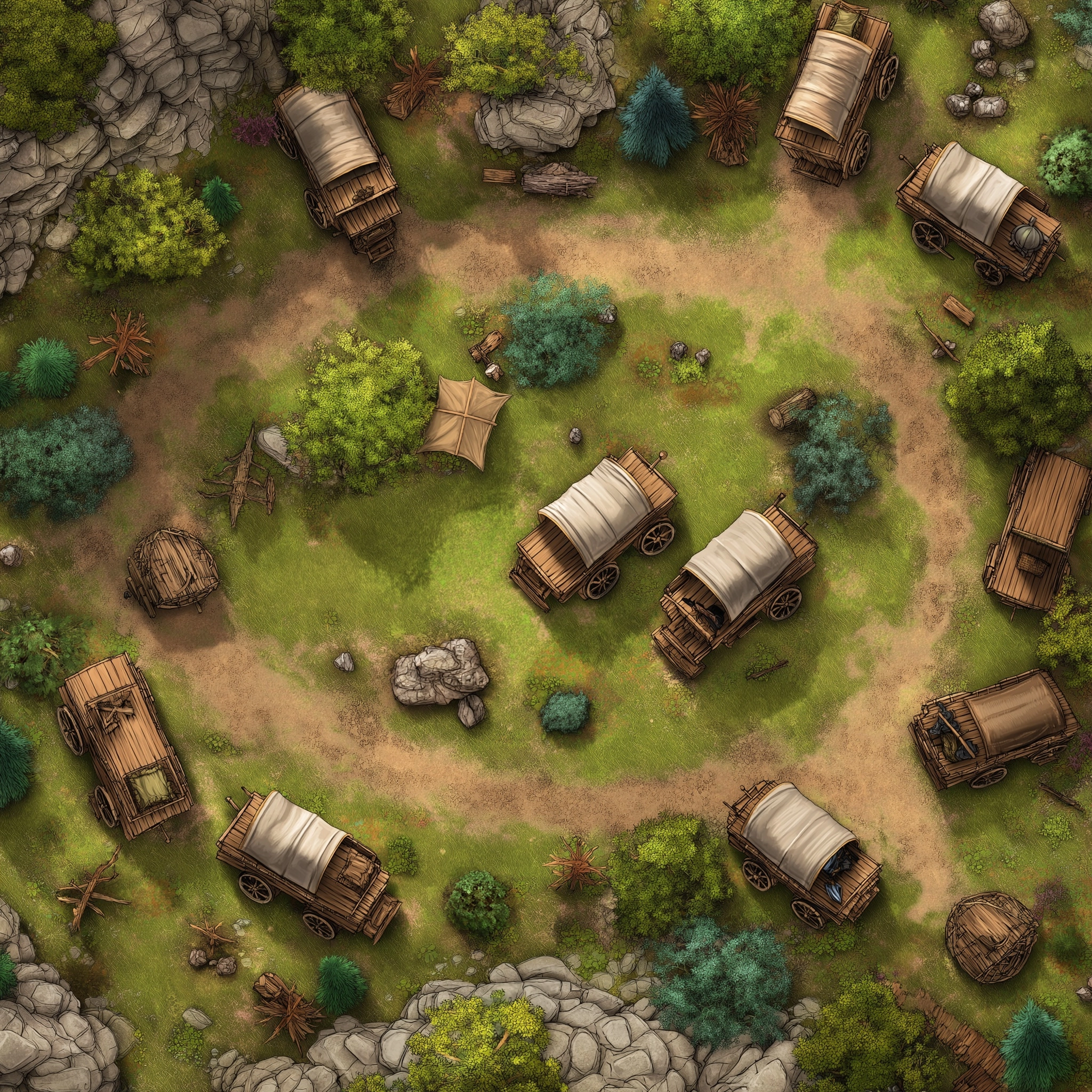 Dungeons & Dragons battlemap of a caravan wagon campground on a grassy field, top-down