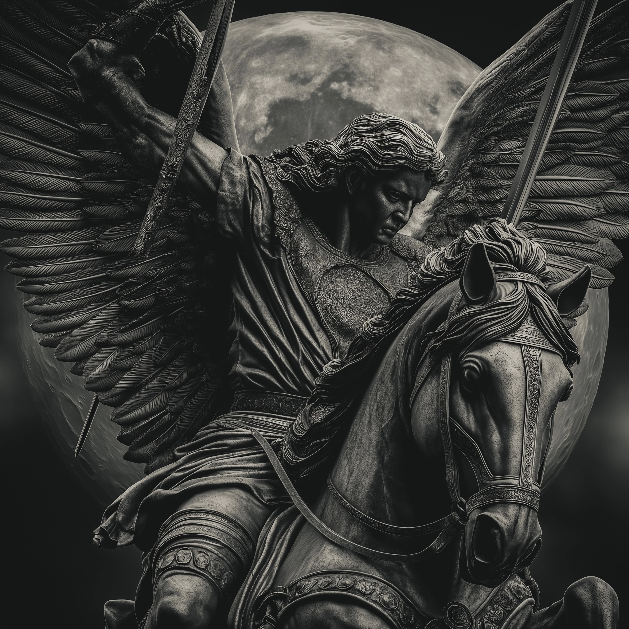 A dark and detailed sculpture of the archangel michael riding on horseback