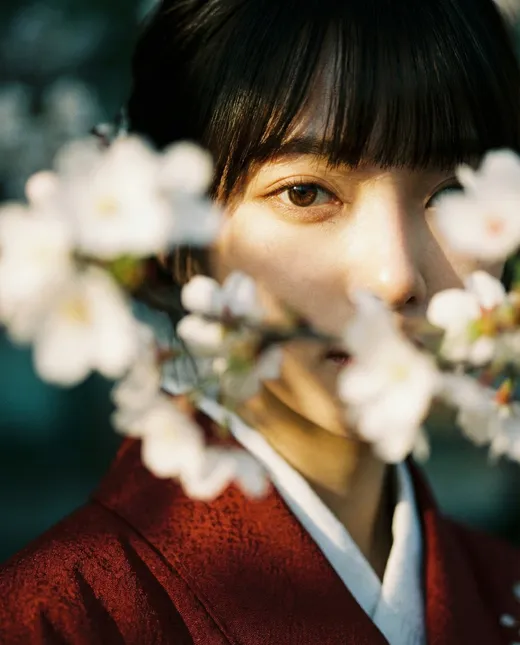 Wabi-Sabi Kimono Portrait Through Blossoms